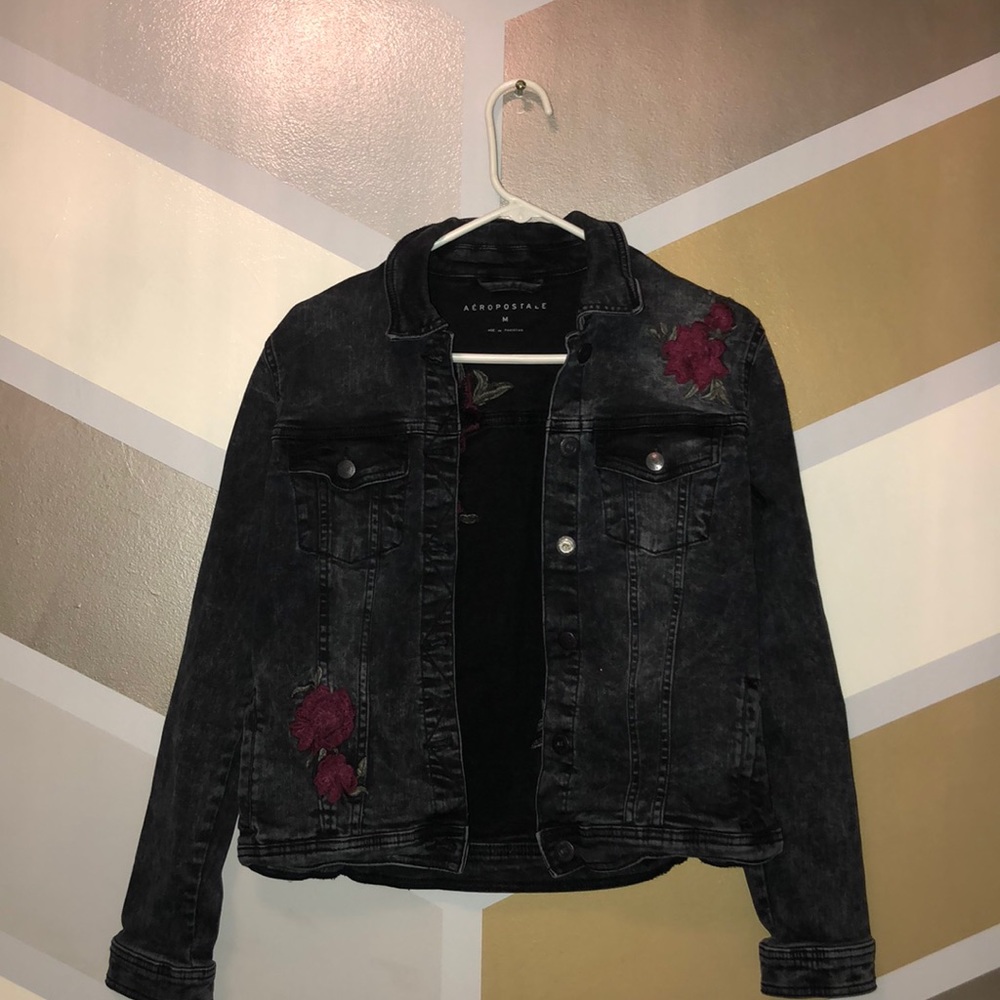 Black Aeropostale Rose Embroidery Denim Jacket